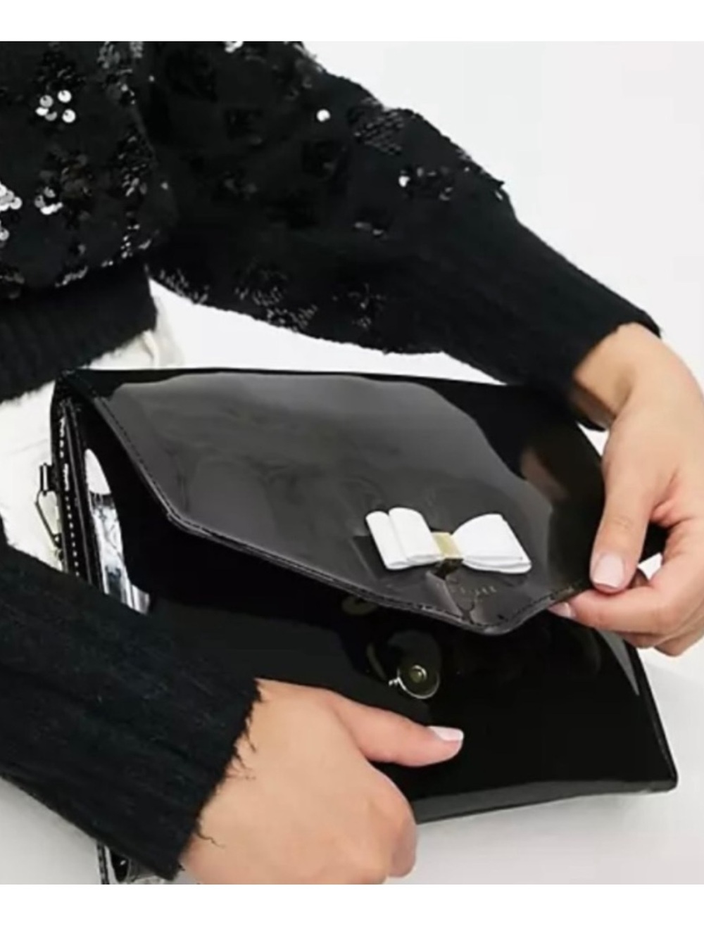 Ted Baker Patent Esther Black XL Clutch White Bow Bag Purse